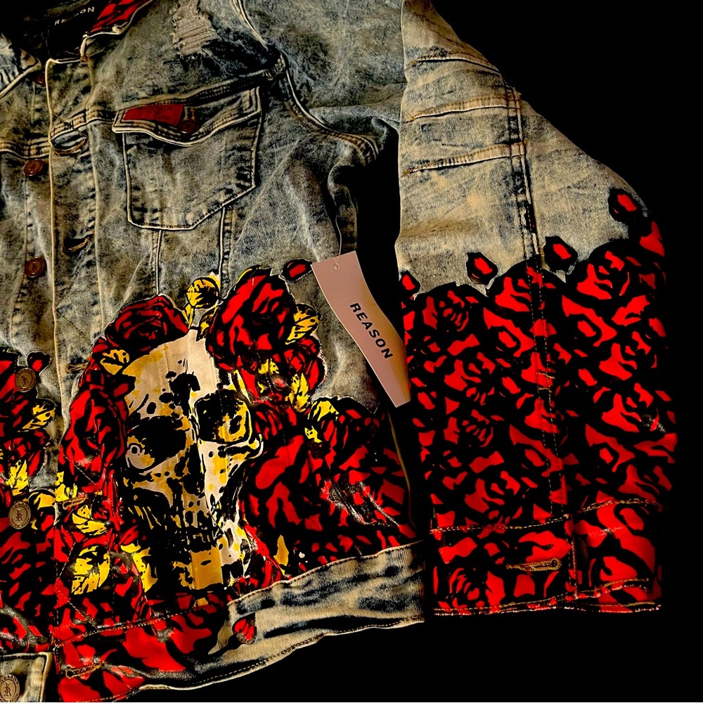 Reason skull denim floral skull print jacket Halloween trippy